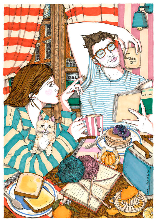 Two friends sharing breakfast, books and a playful moment together, illustrated print by Ana Jarén