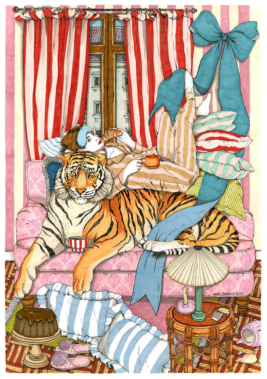 A woman relaxes in a cosy interior beside a large tiger, surrounded by books and everyday objects, illustrated print by Ana Jarén