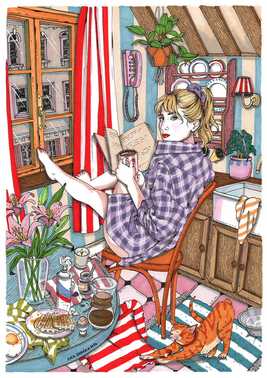 Woman and cat by a window enjoying a quiet moment with a cup of coffee, illustrated print by Ana Jarén