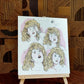 Quatre études suivent le visage d’une femme blonde entre plaisir, concentration et contrariété soudaine, œuvre originale d’Ana Jarén.