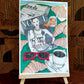 Table de petit-déjeuner avec Vogue, journal, lunettes rouges, café, jus d’orange et croissants, œuvre originale d’Ana Jarén.