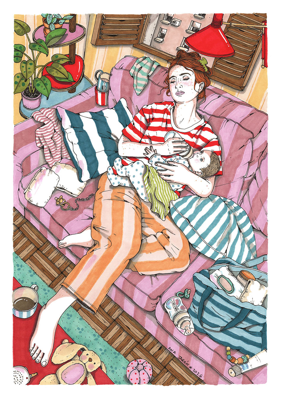 Bottle Time illustration by Ana Jarén showing a mother bottle-feeding her baby on a pink sofa surrounded by everyday baby items.