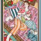 Framed print Bottle Time art print by Ana Jarén framed in wood and displayed on a blue and white striped wall.