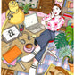 Une femme s’évade de son travail devant un bureau créatif rempli d’ordinateur, tablette graphique, livres, crayons, café et plantes, œuvre originale d’Ana Jarén.