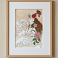 Présentation encadrée de Waves and roses, œuvre originale d’Ana Jarén mêlant femme, vagues et grandes roses.