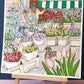 Un étal de fleurs déborde de tulipes et de bouquets colorés sous un store rayé vert et blanc, œuvre originale d’Ana Jarén.