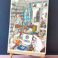 Une femme parcourt une librairie dont les étagères, tables et sols débordent de livres colorés, œuvre originale d’Ana Jarén.