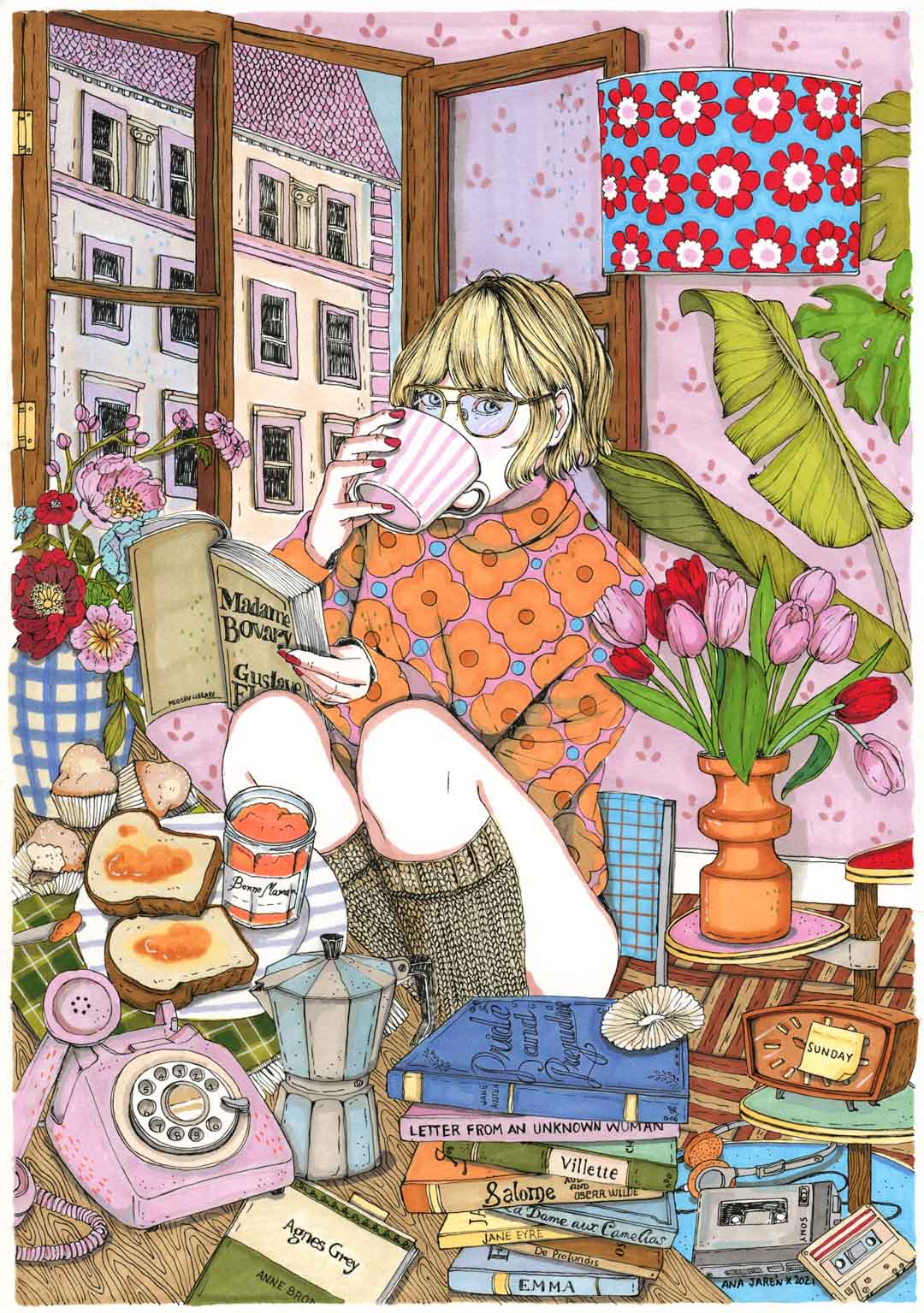 An intimate scene brings together everyday objects, memories and small details that seem to carry stories of their own, illustrated print by Ana Jarén