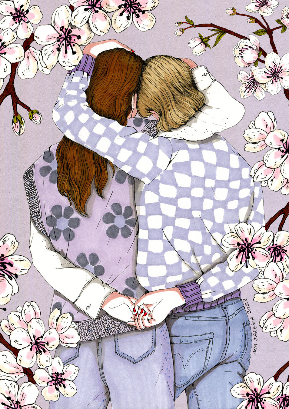 Two women embrace beneath a flowering almond tree, surrounded by branches and delicate blossoms, illustrated print by Ana Jarén