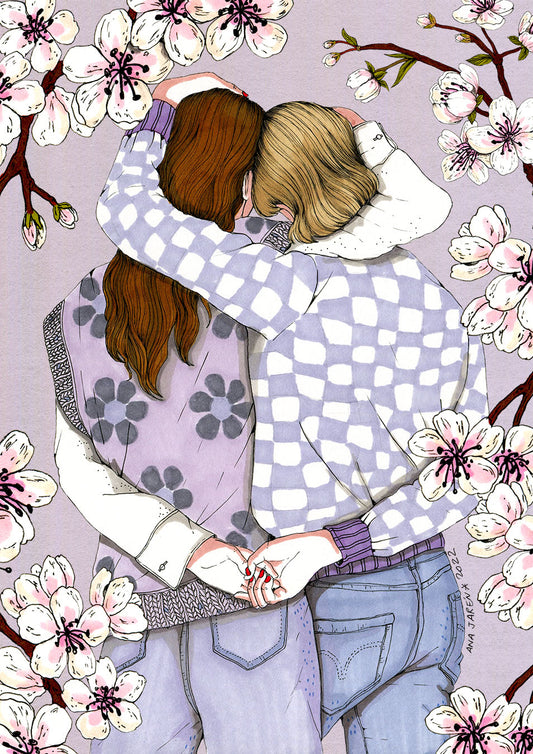 Two women embrace beneath a flowering almond tree, surrounded by branches and delicate blossoms, illustrated print by Ana Jarén