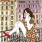 A domestic scene opens onto the outside world from a balcony, creating a small pause between home and city, illustrated print by Ana Jarén