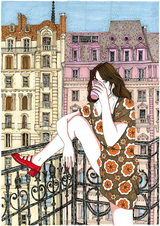 A domestic scene opens onto the outside world from a balcony, creating a small pause between home and city, illustrated print by Ana Jarén