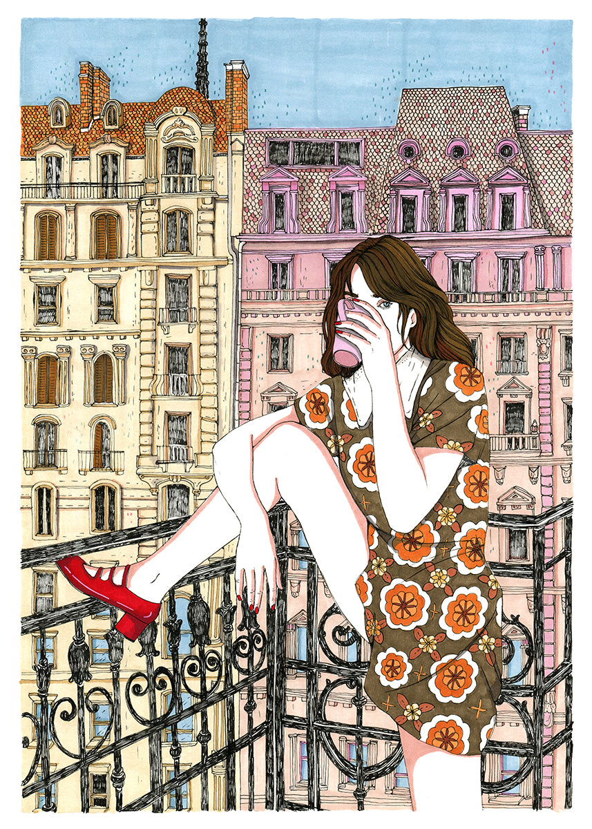 A balcony becomes a small stage for looking out at the city and enjoying the air, the light and a pause between indoors and out, XL illustrated print by Ana Jarén