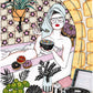 A woman enjoys a bath while breakfast becomes part of the scene, turning an everyday routine into an unexpectedly delightful moment, illustrated print by Ana Jarén