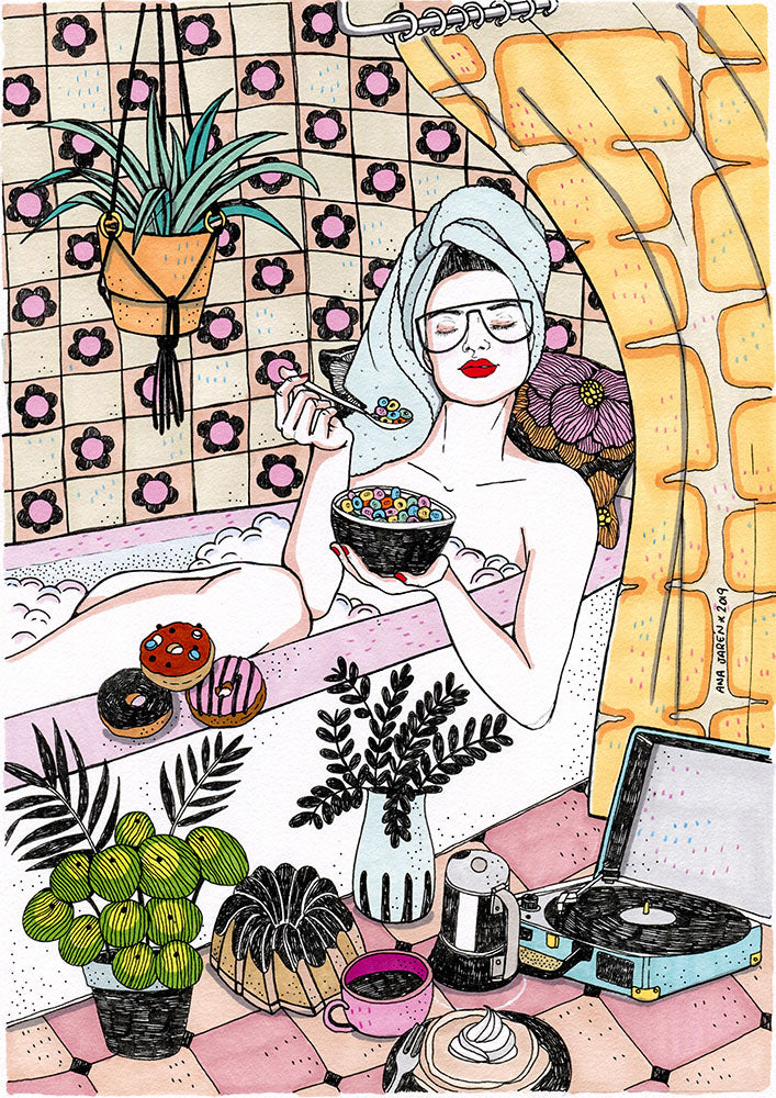 A woman enjoys a bath while breakfast becomes part of the scene, turning an everyday routine into an unexpectedly delightful moment, illustrated print by Ana Jarén