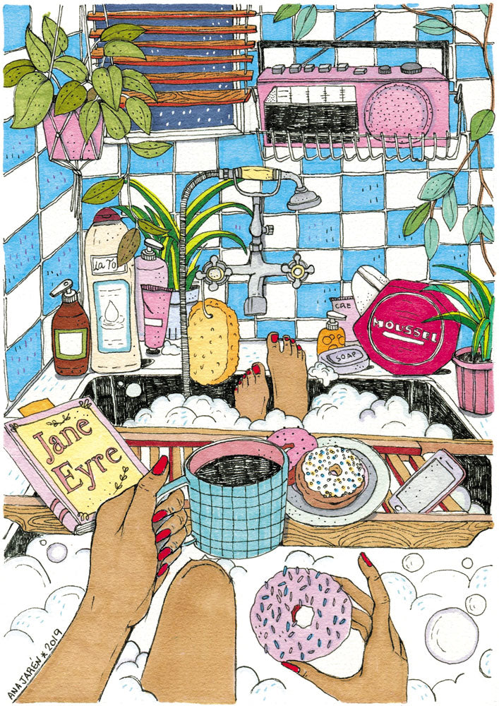 An everyday bathroom scene becomes a small portrait of domestic intimacy, illustrated print by Ana Jarén