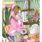 Una mesa de desayuno reúne comida, conversación y pequeños detalles en una escena que celebra los rituales cotidianos y el placer de empezar el día sin prisas, lámina XL ilustrada de Ana Jarén