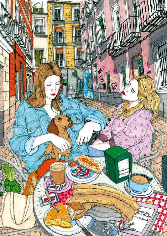 A morning in Malasaña comes alive with coffee, breakfast and neighbourhood energy, illustrated print by Ana Jarén