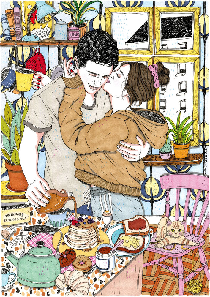 A couple share a quiet breakfast at home, surrounded by small details that turn an everyday routine into something special, illustrated print by Ana Jarén