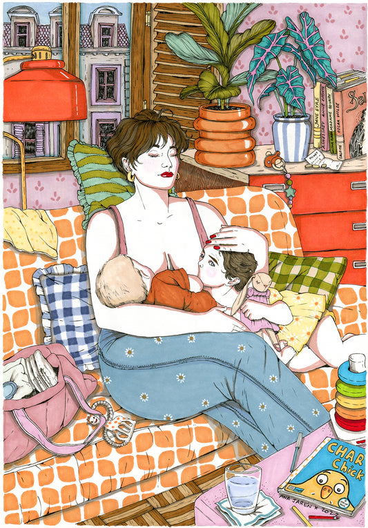 A mother breastfeeds her baby in an intimate, everyday moment of early parenthood, illustrated print by Ana Jarén
