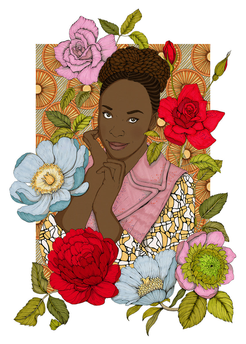 Un retrato ilustrado dedicado a Chimamanda Ngozi Adichie, construido con una mirada personal y expresiva que pone el foco en su presencia y personalidad, lámina XL ilustrada de Ana Jarén