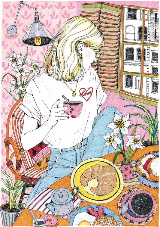 A quiet morning at home revolves around a cup of coffee and the small rituals that make starting the day enjoyable, illustrated print by Ana Jarén
