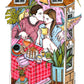 A couple share a generous breakfast surrounded by plants, birds, books and pastries, illustrated print by Ana Jarén