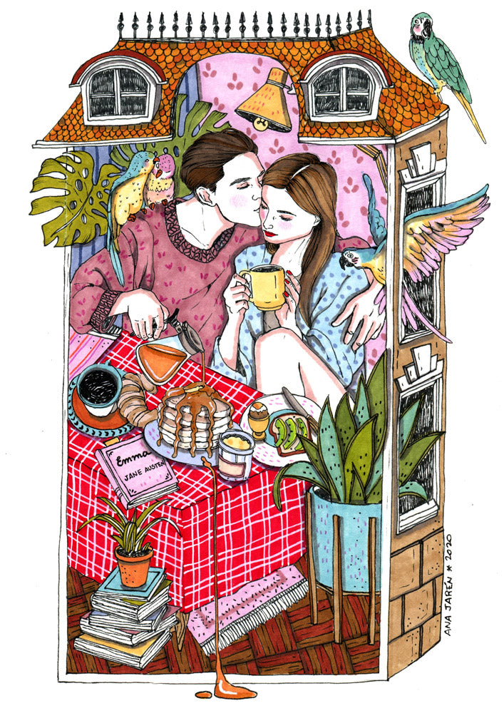 A couple share a generous breakfast surrounded by plants, birds, books and pastries, illustrated print by Ana Jarén