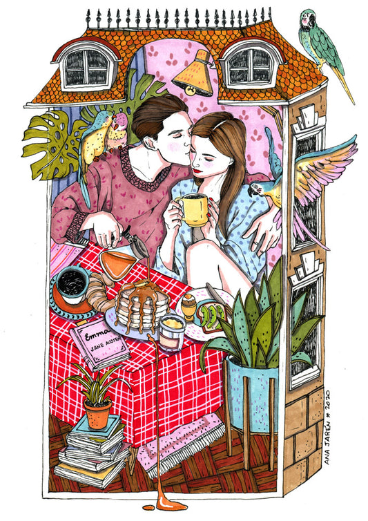 A couple share a generous breakfast surrounded by plants, birds, books and pastries, illustrated print by Ana Jarén
