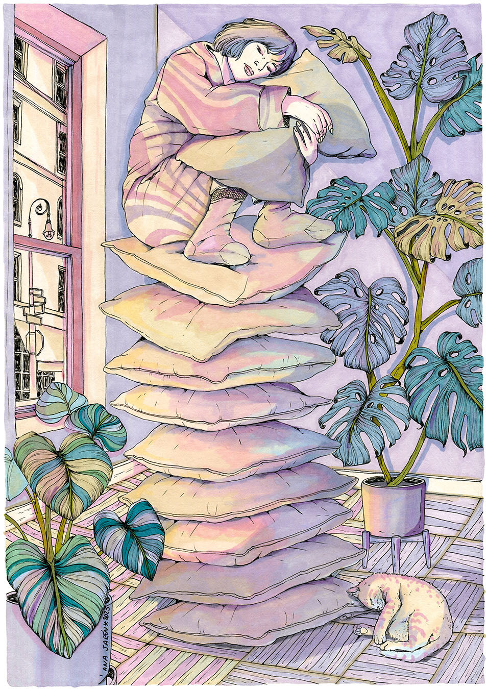 A figure sleeps peacefully in a quiet scene surrounded by elements connected to the private world of dreams, illustrated print by Ana Jarén