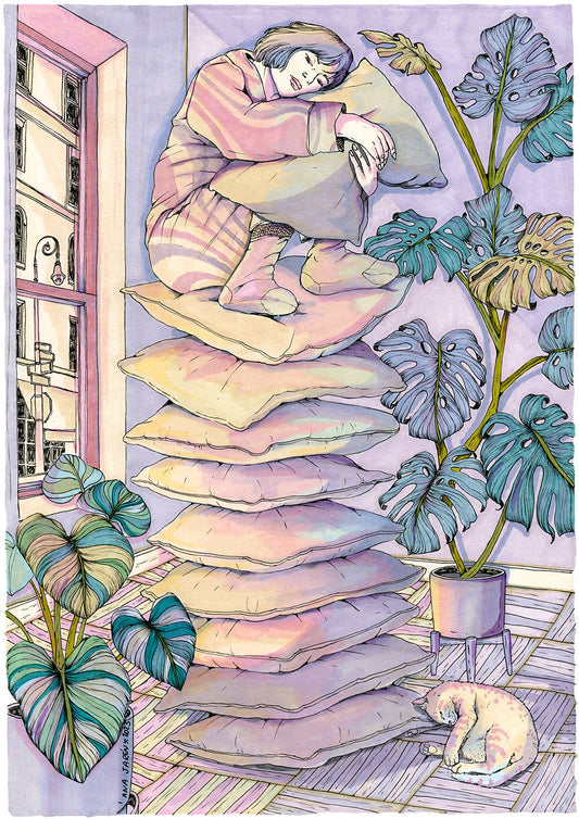 A figure sleeps peacefully in a quiet scene surrounded by elements connected to the private world of dreams, illustrated print by Ana Jarén