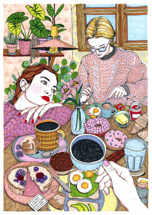 A young woman is lost in her thoughts, surrounded by elements that seem to belong to an imagined world, illustrated print by Ana Jarén