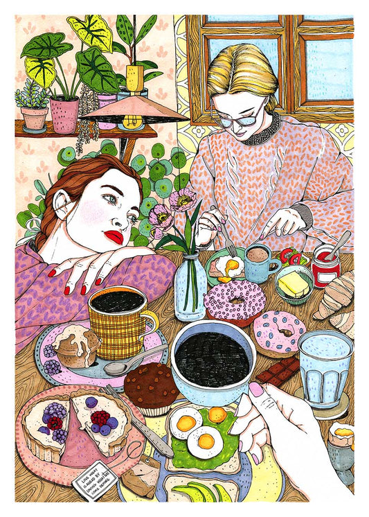 Une femme semble perdue dans ses pensées, entre réalité et imagination, affiche illustrée XL par Ana Jarén.