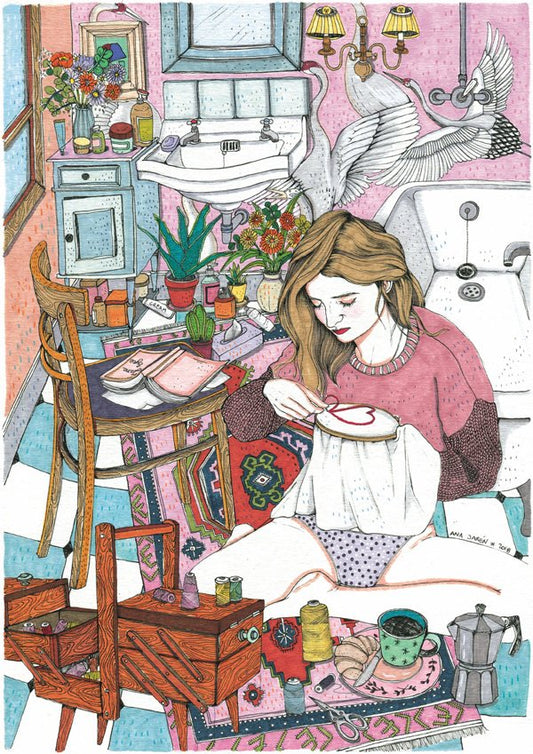 A scene centred on embroidery brings together hands, thread, fabric and the pleasure of making something slowly, illustrated print by Ana Jarén