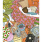 Una escena doméstica de sofá, música, libros y flores convierte una tarde en casa en un pequeño universo lleno de color y referencias personales, lámina XL ilustrada de Ana Jarén
