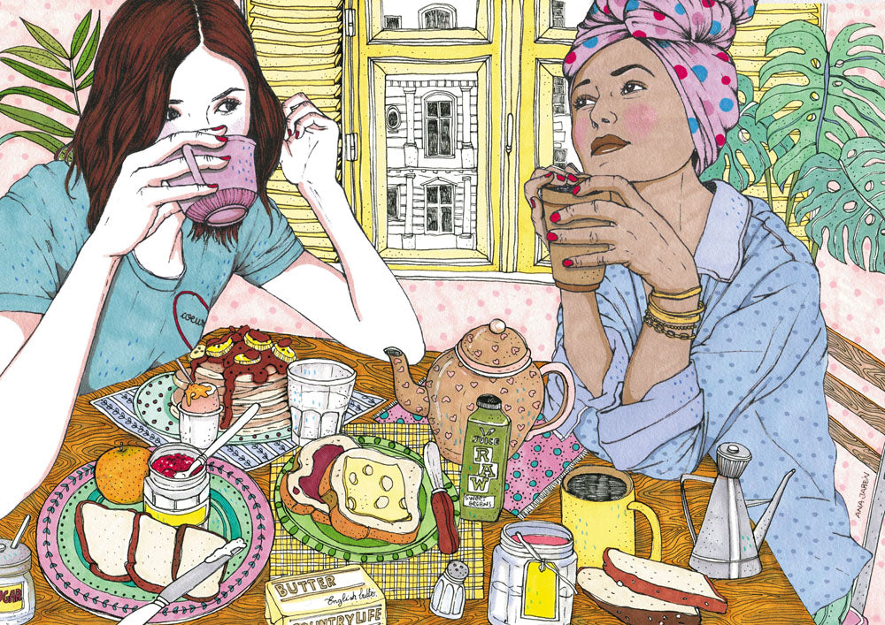 Two girl friends sharing a quiet moment together, illustrated print by Ana Jarén