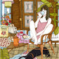 Mujer disfrutando de un momento tranquilo en casa, rodeada de sus cosas, lámina ilustrada de Ana Jarén.