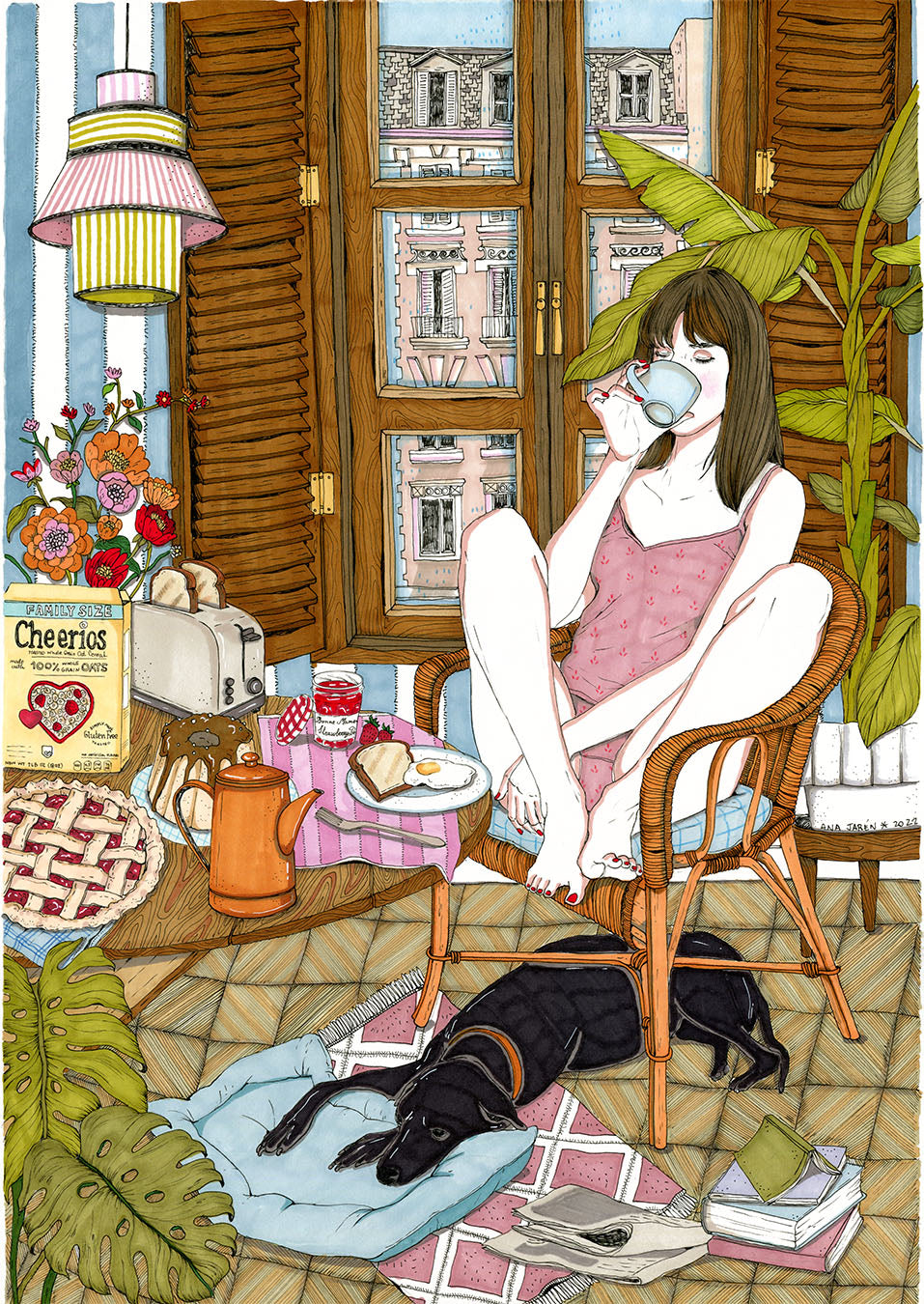 Mujer disfrutando de un momento tranquilo en casa, rodeada de sus cosas, lámina ilustrada de Ana Jarén.