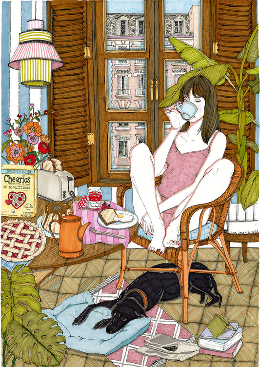 Woman enjoying a quiet moment at home, surrounded by her favourite things, illustrated print by Ana Jarén