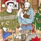 Un couple coiffé d’accessoires de Noël se retrouve autour d’une table festive avec un petit chien, œuvre originale d’Ana Jarén.