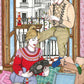 Un couple prépare Noël près d’un balcon avec décorations, vinyle et platine, œuvre originale d’Ana Jarén.