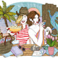Deux femmes trinquent avec de grands cocktails tropicaux entourées de livres, lunettes de soleil et accessoires de plage, œuvre originale d’Ana Jarén.