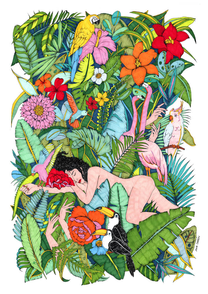 Una vegetación exuberante transforma la escena en un pequeño mundo propio, lleno de hojas, color y sensación de descubrimiento, lámina XL ilustrada de Ana Jarén
