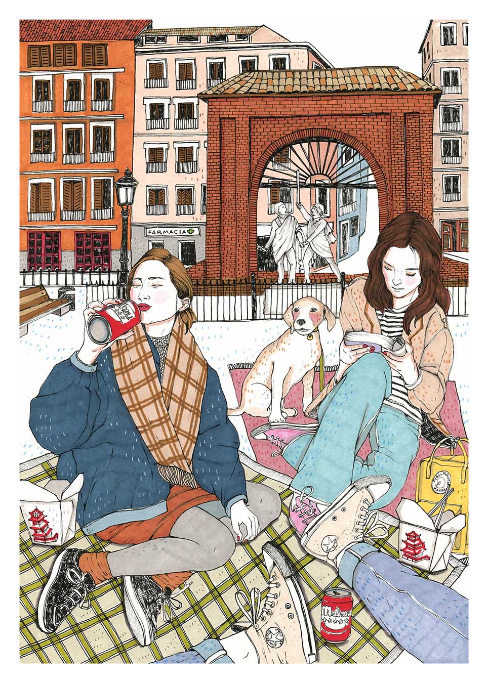 An illustrated look at Madrid, its buildings and everyday rhythm, conceived as a small tribute to the city and the stories that unfold in its streets, XL illustrated print by Ana Jarén