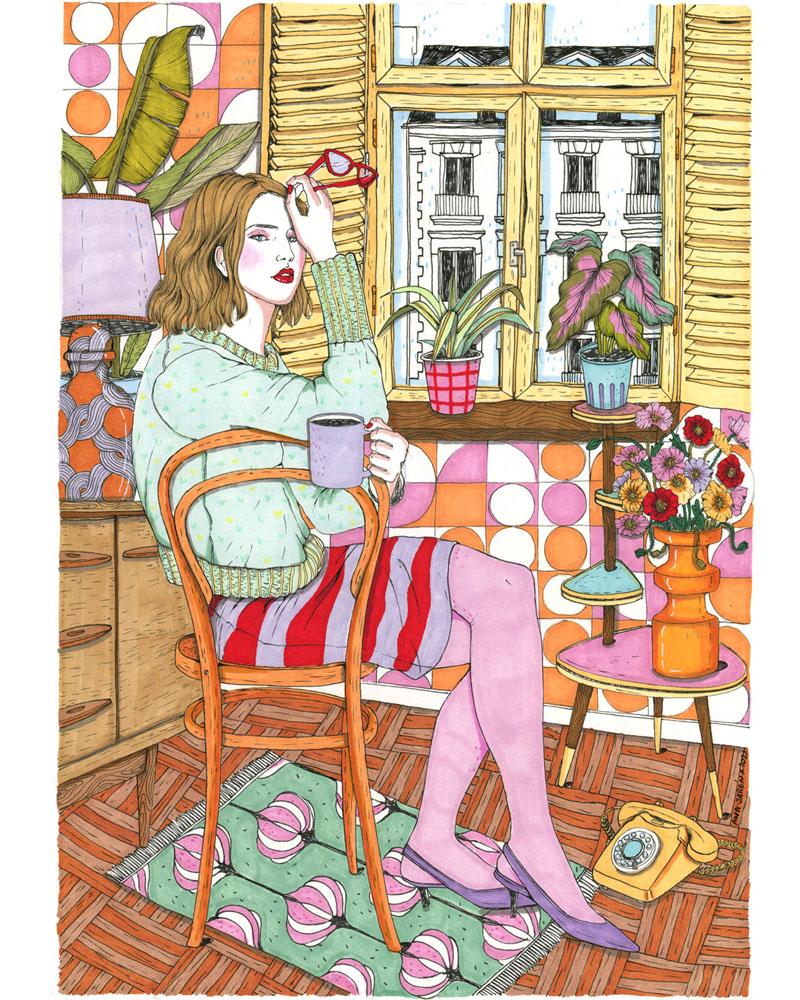 A scene devoted to being alone and enjoying your own company, with no plans and no hurry, finding pleasure in small personal rituals, XL illustrated print by Ana Jarén