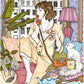 A woman enjoys breakfast while talking to a friend on the phone, with her cat nearby, illustrated print by Ana Jarén