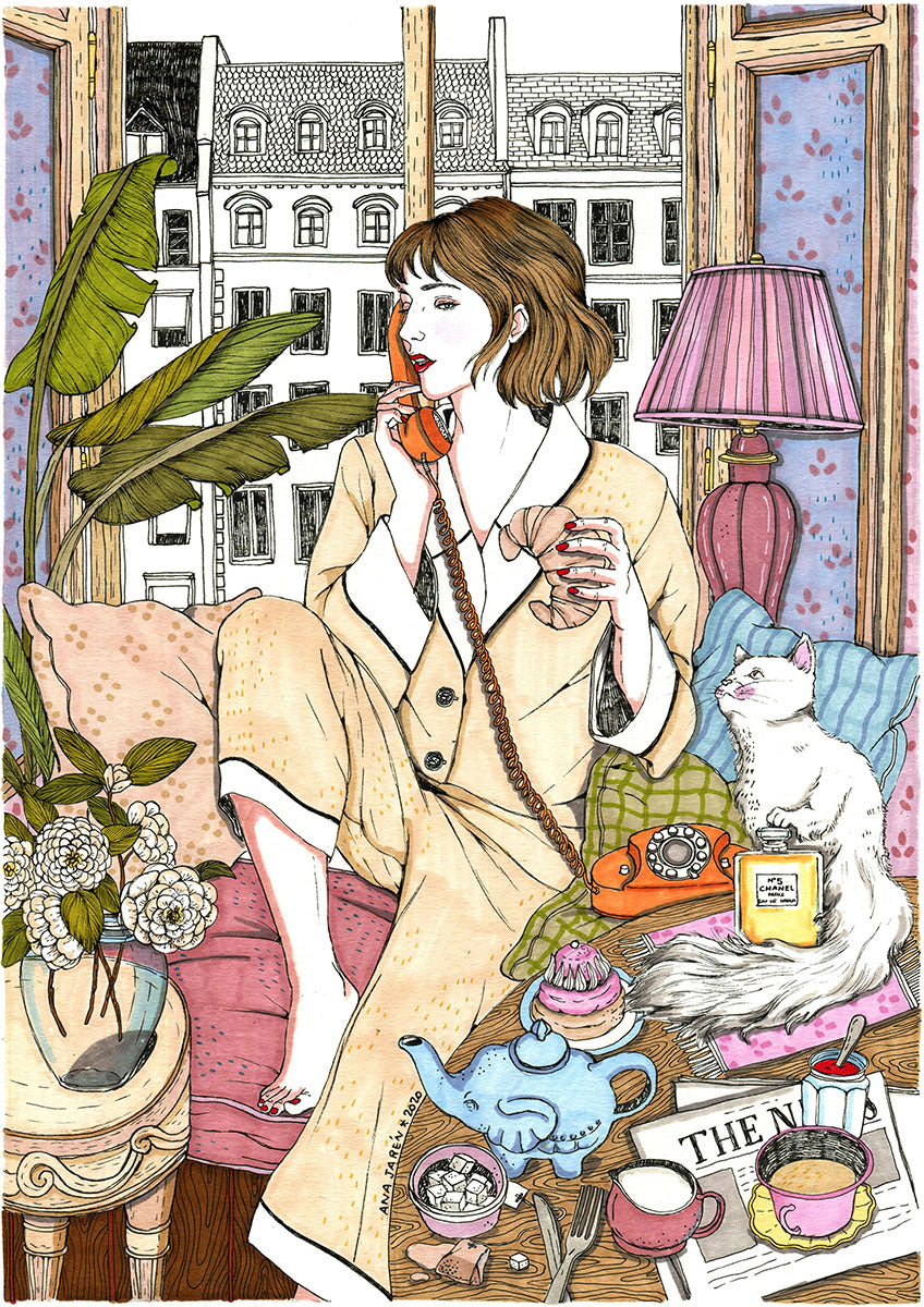 A woman enjoys breakfast while talking to a friend on the phone, with her cat nearby, illustrated print by Ana Jarén