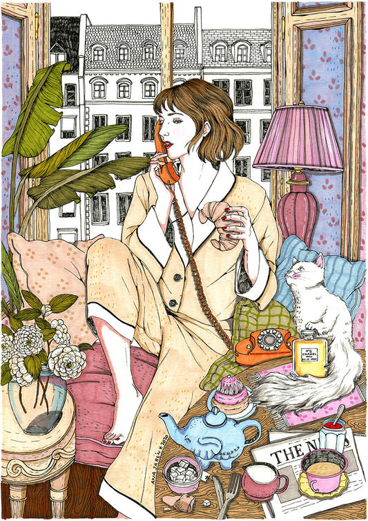 A woman enjoys breakfast while talking to a friend on the phone, with her cat nearby, illustrated print by Ana Jarén