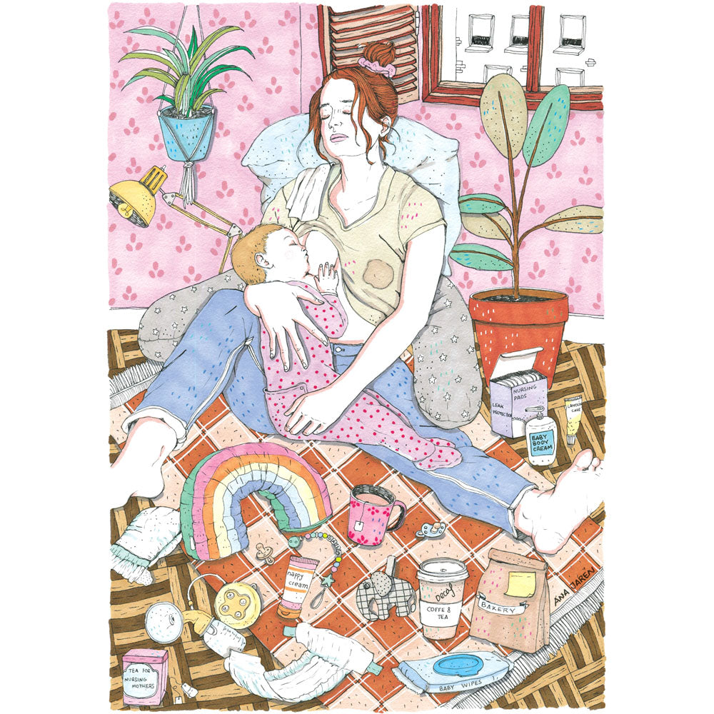 A mother and baby are surrounded by the objects that accompany the first months of parenthood: nappies, toys, creams and a cup of coffee, illustrated print by Ana Jarén