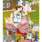A woman enjoys a nap in a quiet interior surrounded by soft textiles, personal objects and a restful atmosphere, illustrated print by Ana Jarén